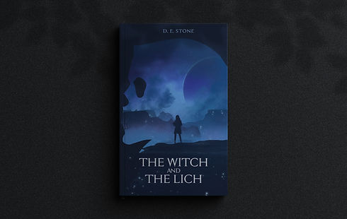 The Witch and The Lich book's cover. It depicts a silhouette of a skull in a monks robe. inside the silhoutte is space and a teen girl holding a tablet.
