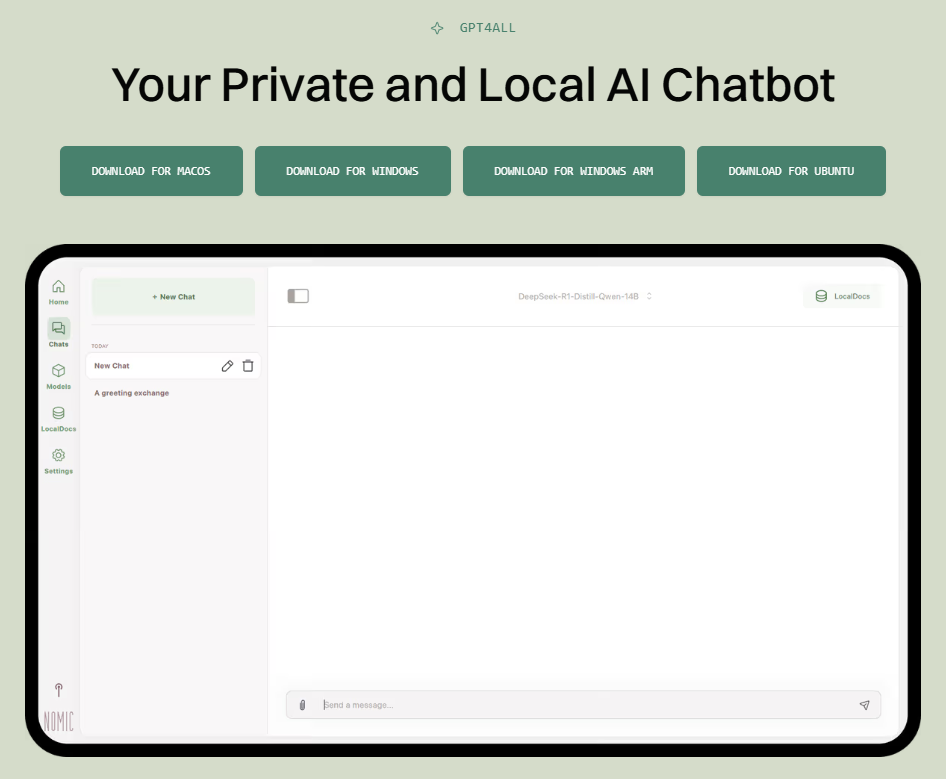 Visão real do site da Nomic AI, onde é possível realizar o download da ferramenta GPT4All