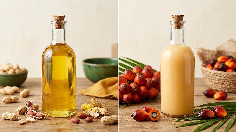 Groundnut oil with fresh peanuts compared side by side with palm oil and palm fruit