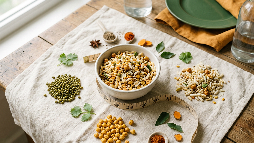 A small portion of light diet namkeen in a bowl with roasted moong dal and chana on a cream background