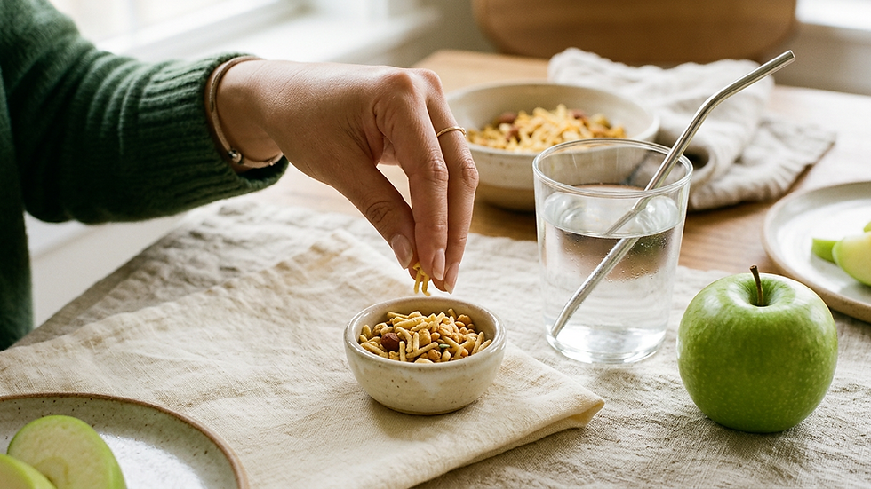 Hand placing a small portion of diet namkeen into a bowl beside a glass of water and a green apple