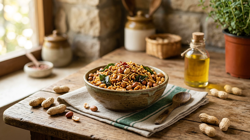 Roasted peanut namkeen in a rustic bowl with raw peanuts in shells and a bottle of groundnut oil