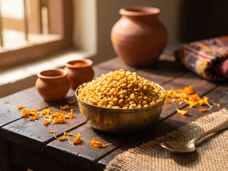 Moong dal namkeen served in a brass bowl in a rustic Rajasthani setting with marigold accents