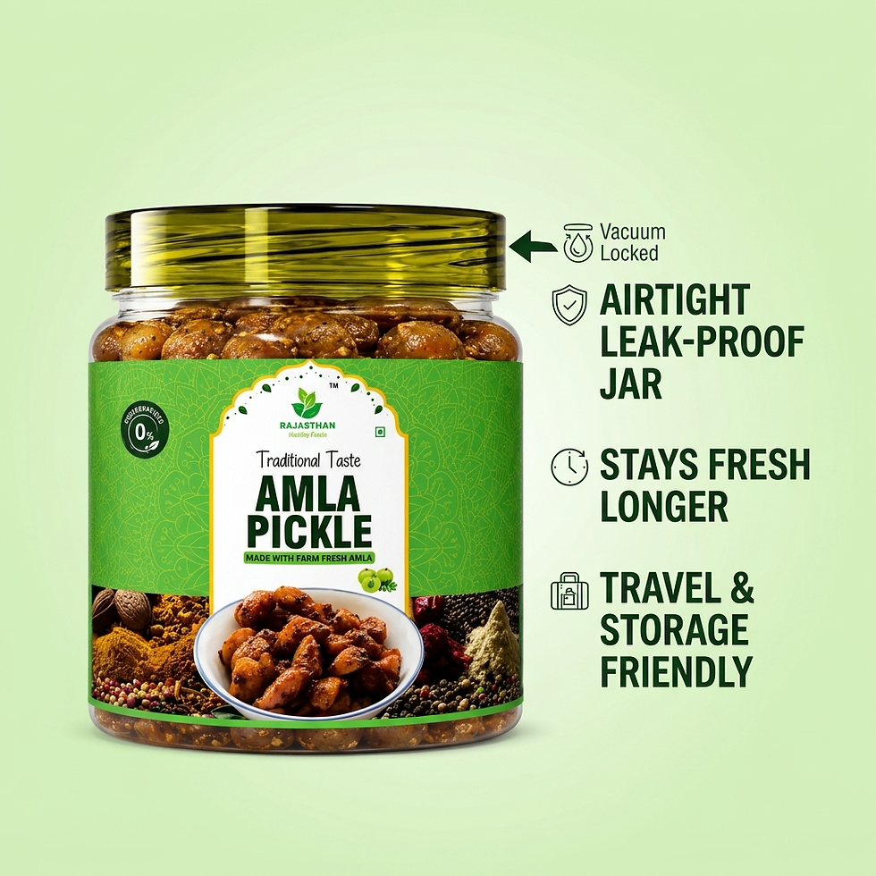 Amla pickle in an airtight, leak-proof jar that stays fresh and is travel friendly