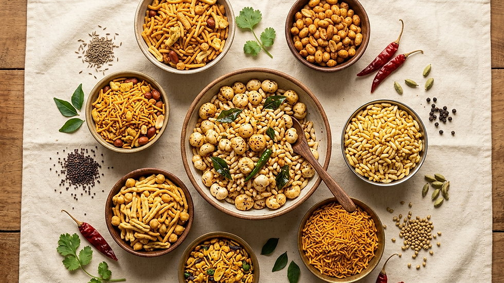 Assorted crunchy Indian mixture and namkeen snacks with makhana and murmura on a cream background