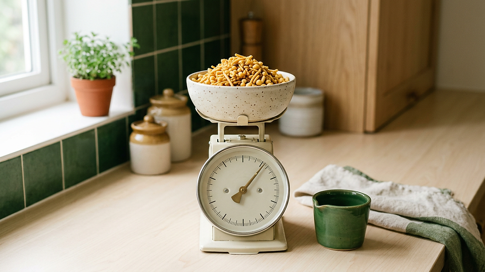 A single handful portion of namkeen on a small kitchen scale showing portion awareness