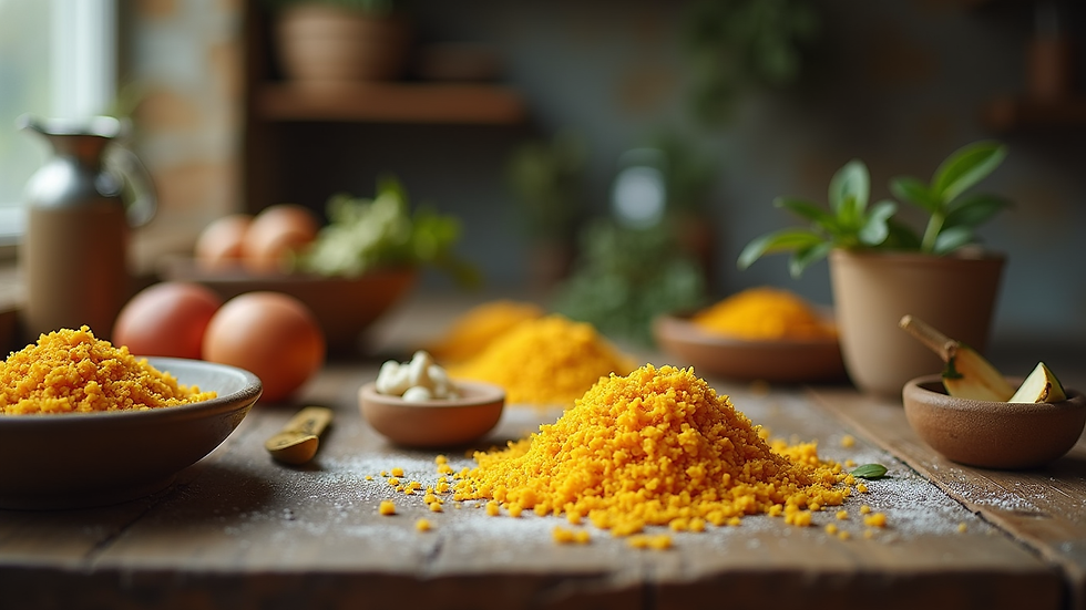 Eye-level view of a rustic kitchen counter with ingredients for millet ladoo preparation