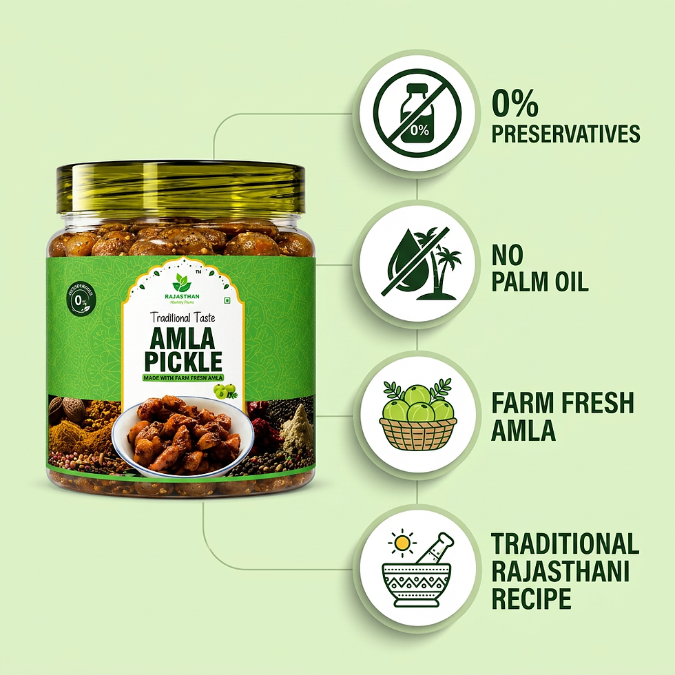 Amla Pickle benefits — 0% preservatives, no palm oil, farm fresh amla, traditional recipe