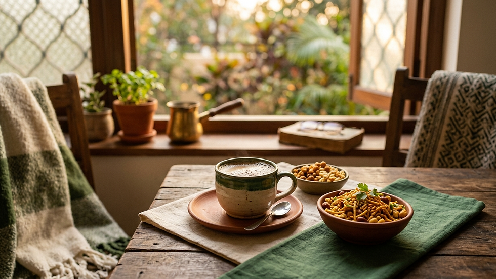 Indian evening tea-time scene with masala chai and a bowl of namkeen by a window