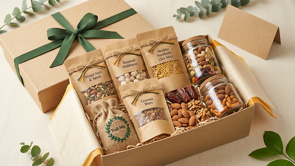A healthy snack box filled with namkeen pouches, roasted nuts and dry fruits styled for gifting