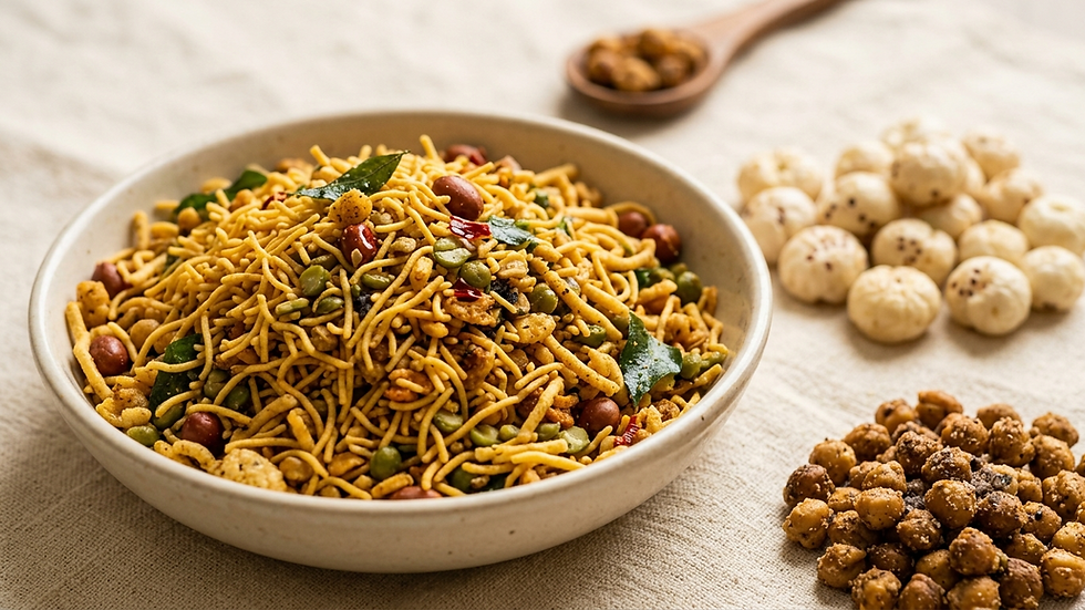 Macro close-up of crunchy mixture namkeen and sev showing texture, with makhana and chana nearby