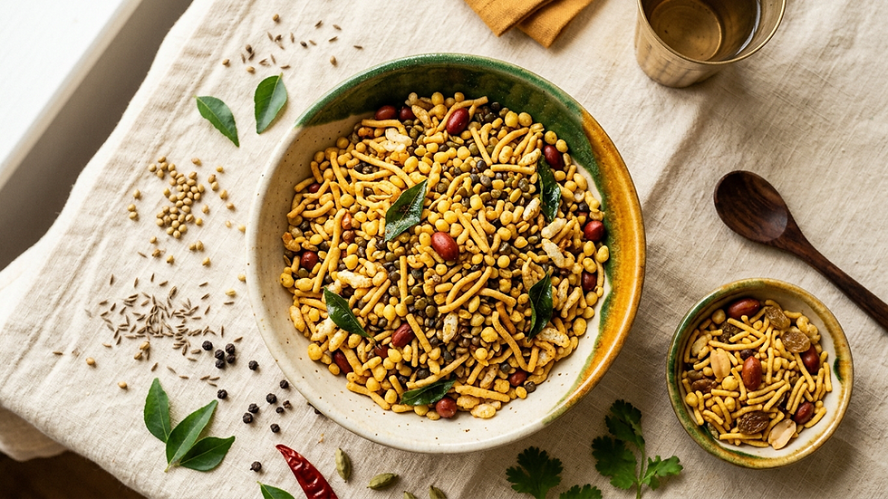 A generous bowl of colourful Indian mixture namkeen with sev, boondi, fried lentils, peanuts and curry leaves