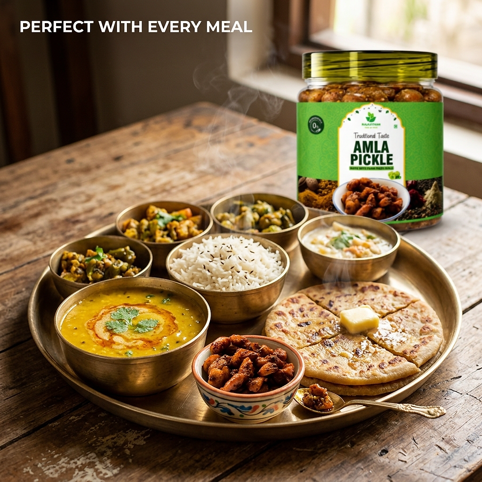 Amla pickle served with hot paratha, dal and rice in a traditional Indian thali