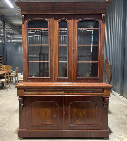2 glass doors to top (detachable) with doors to bottom, opening up to two long shelves.
Two drawers to top of bottom section.
Purchased from Vanroy's Antique Warehouse for $3400 in 1982 (see original receipt)
230 tall x 154 long x 56cms deep