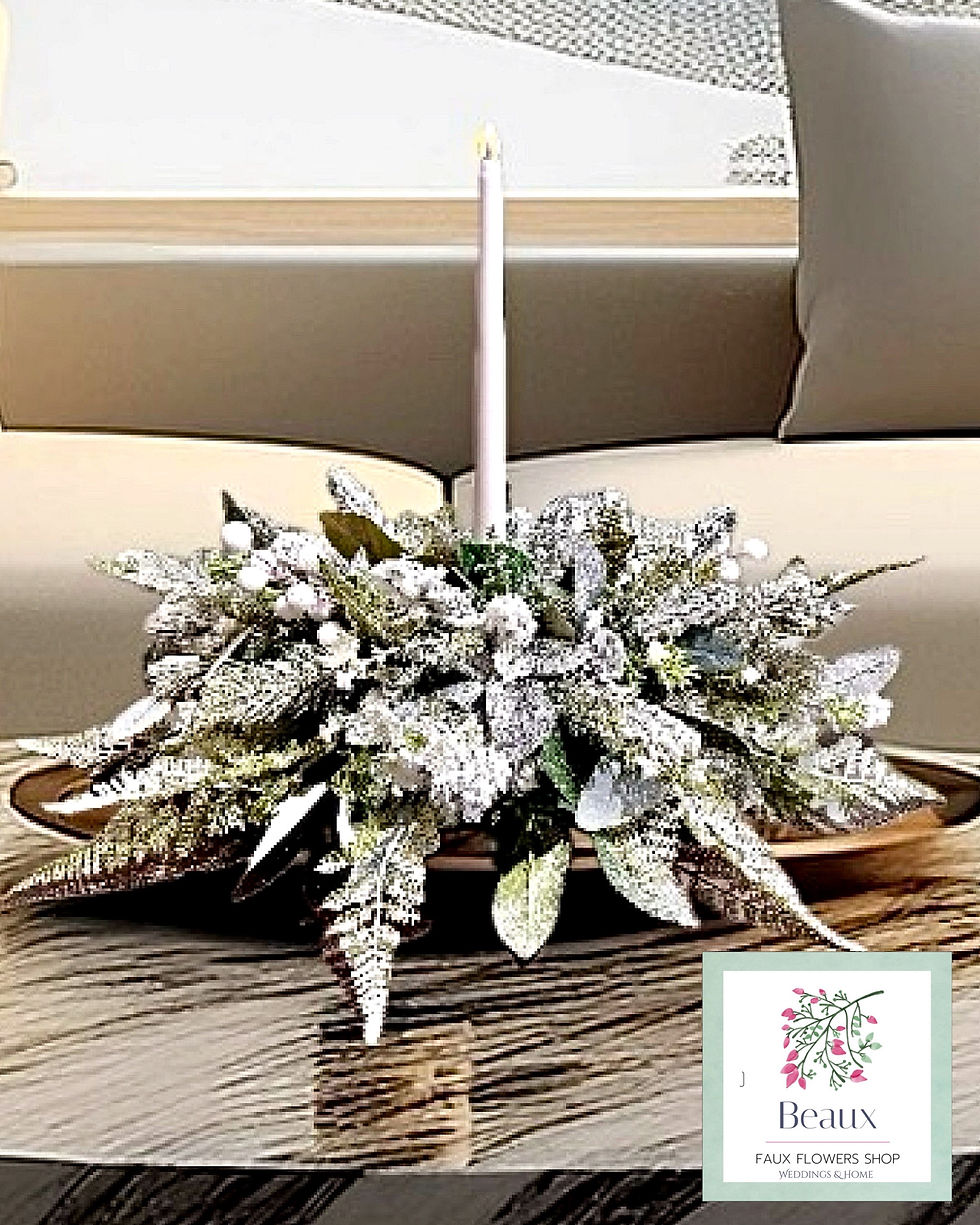 intry table arrangement . features artificial white berries, snowy spruce, champagne sparkle fir cones, soft pampas with tape