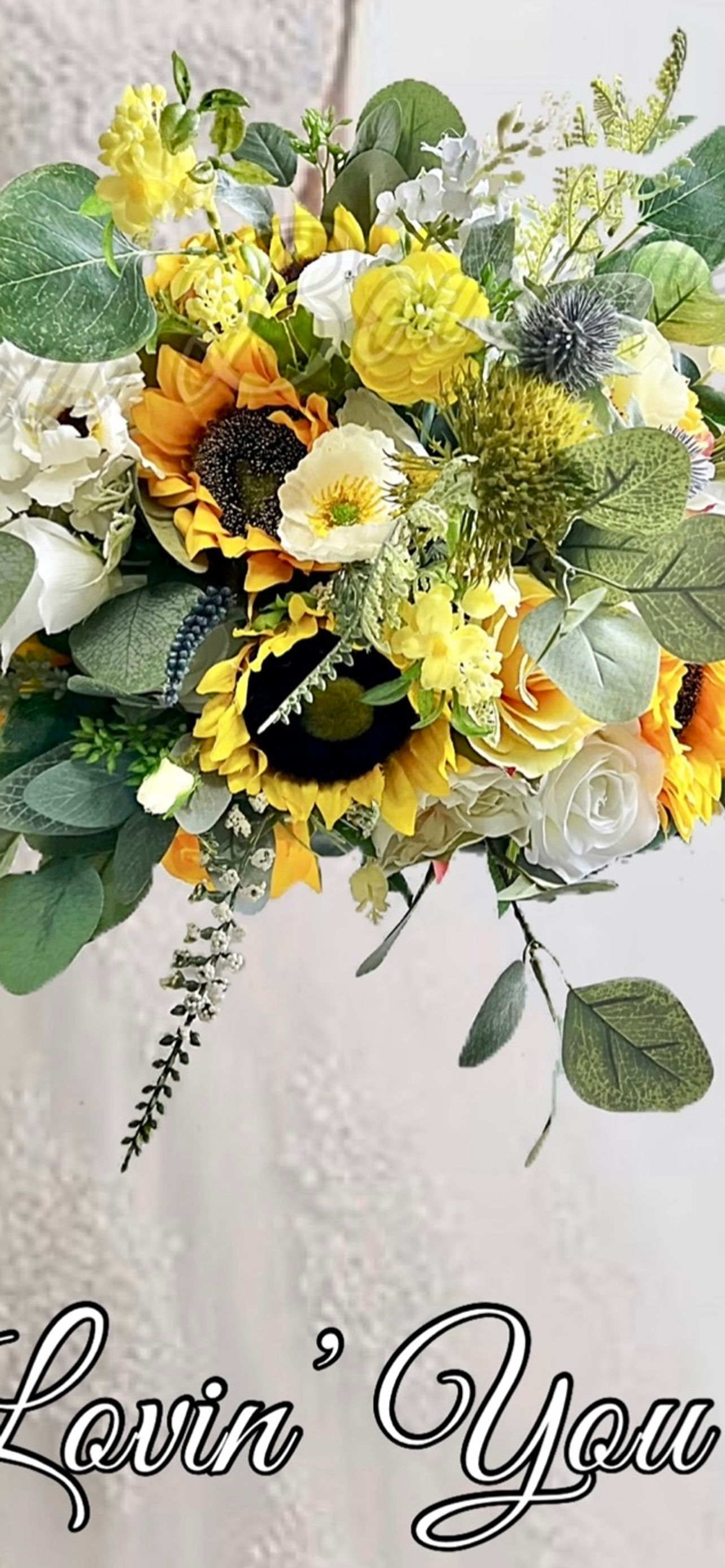 Silk sunflower, rose bouquet - yellow, amber, blue, Ivory round Bridal flowers