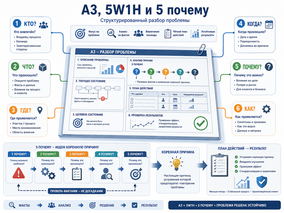 Иллюстрация 13. A3, 5W1H и «5 почему» как единая логика структурированного решения проблемы.
