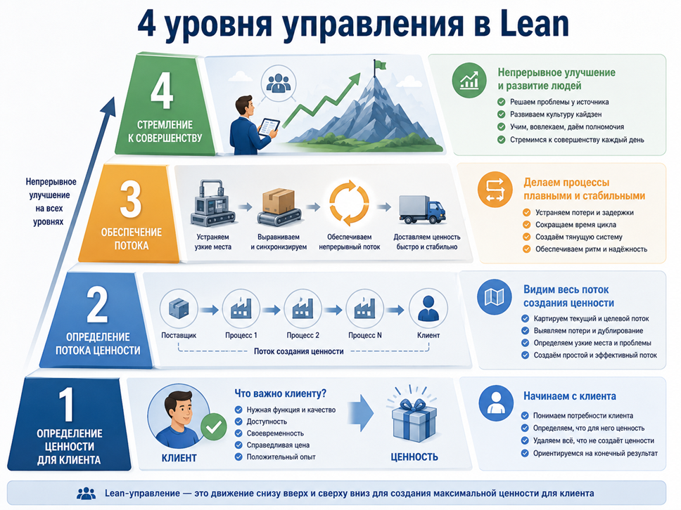 Иллюстрация 4. Четыре уровня управления в Lean: от ценности для клиента к совершенству.