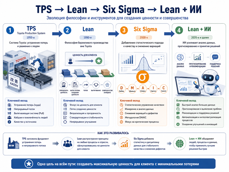 Иллюстрация 2. Эволюция TPS, Lean, Six Sigma и Lean + ИИ.
Иллюстрация 2. Эволюция TPS, Lean, Six Sigma и Lean + ИИ.