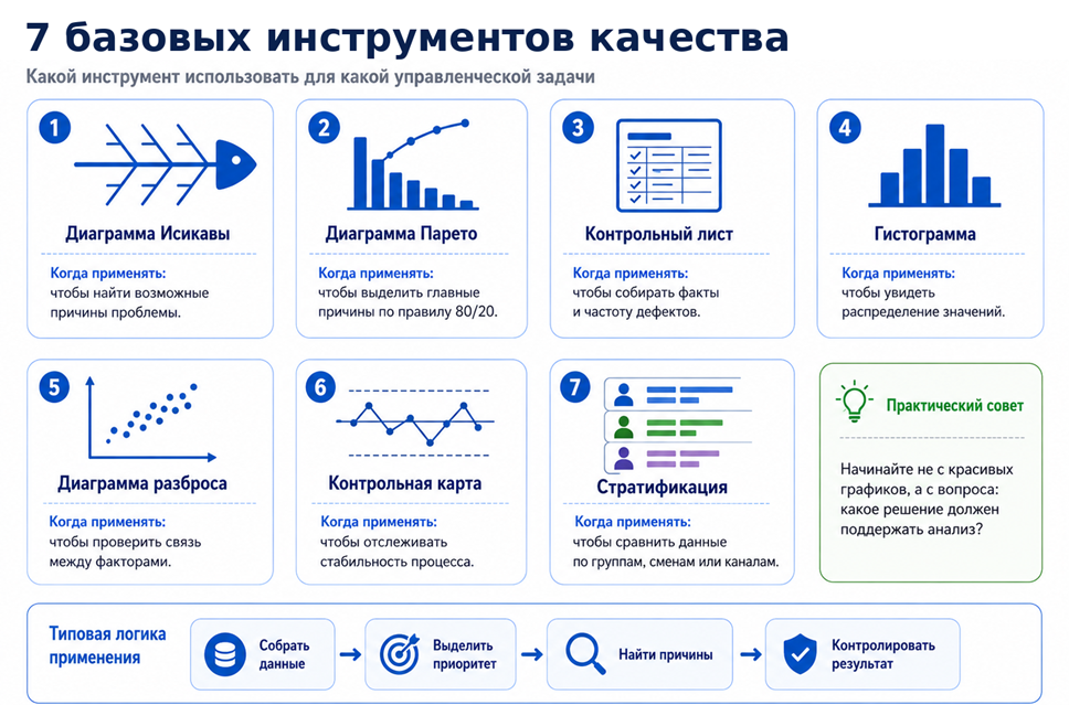 Иллюстрация 11. Семь базовых инструментов качества и их применение.