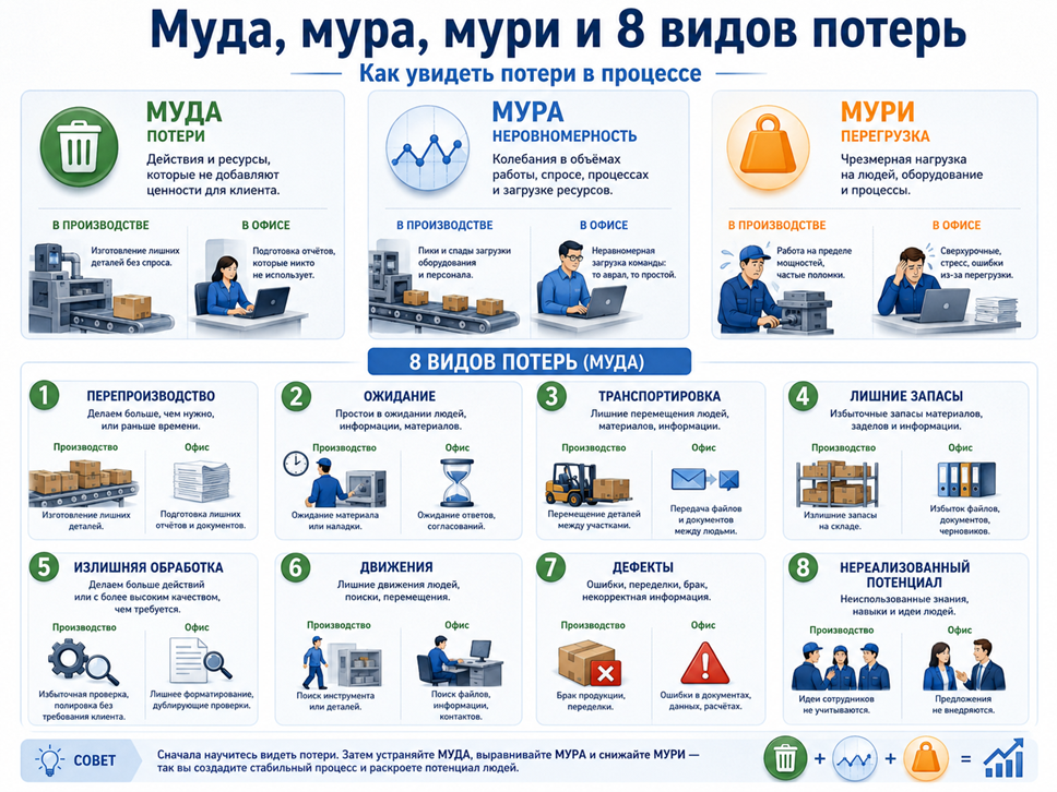 Иллюстрация 6. Муда, мура, мури и восемь видов потерь в производстве и офисе.