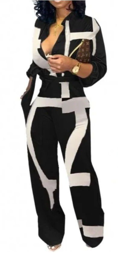 Black and white abstract button-up jumpsuit with belt