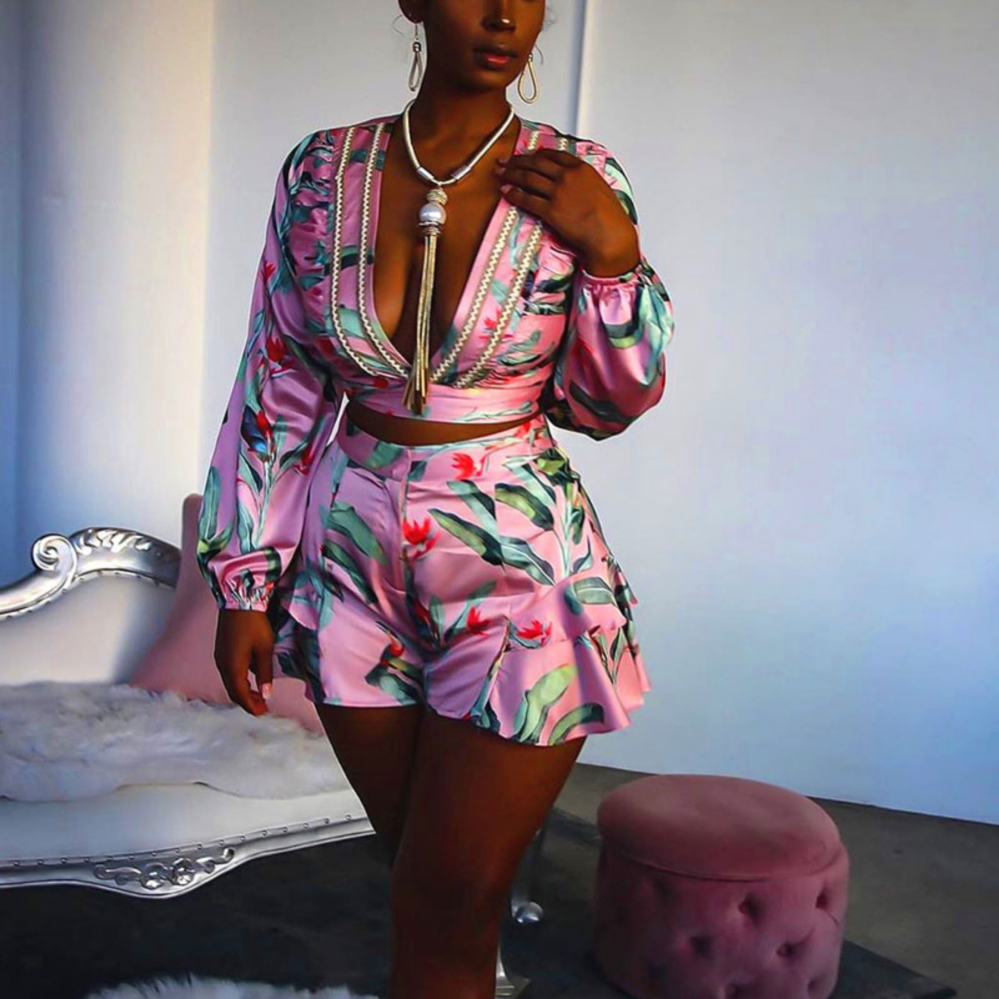Pink floral long sleeve short set with deep V-neck and pleated shorts