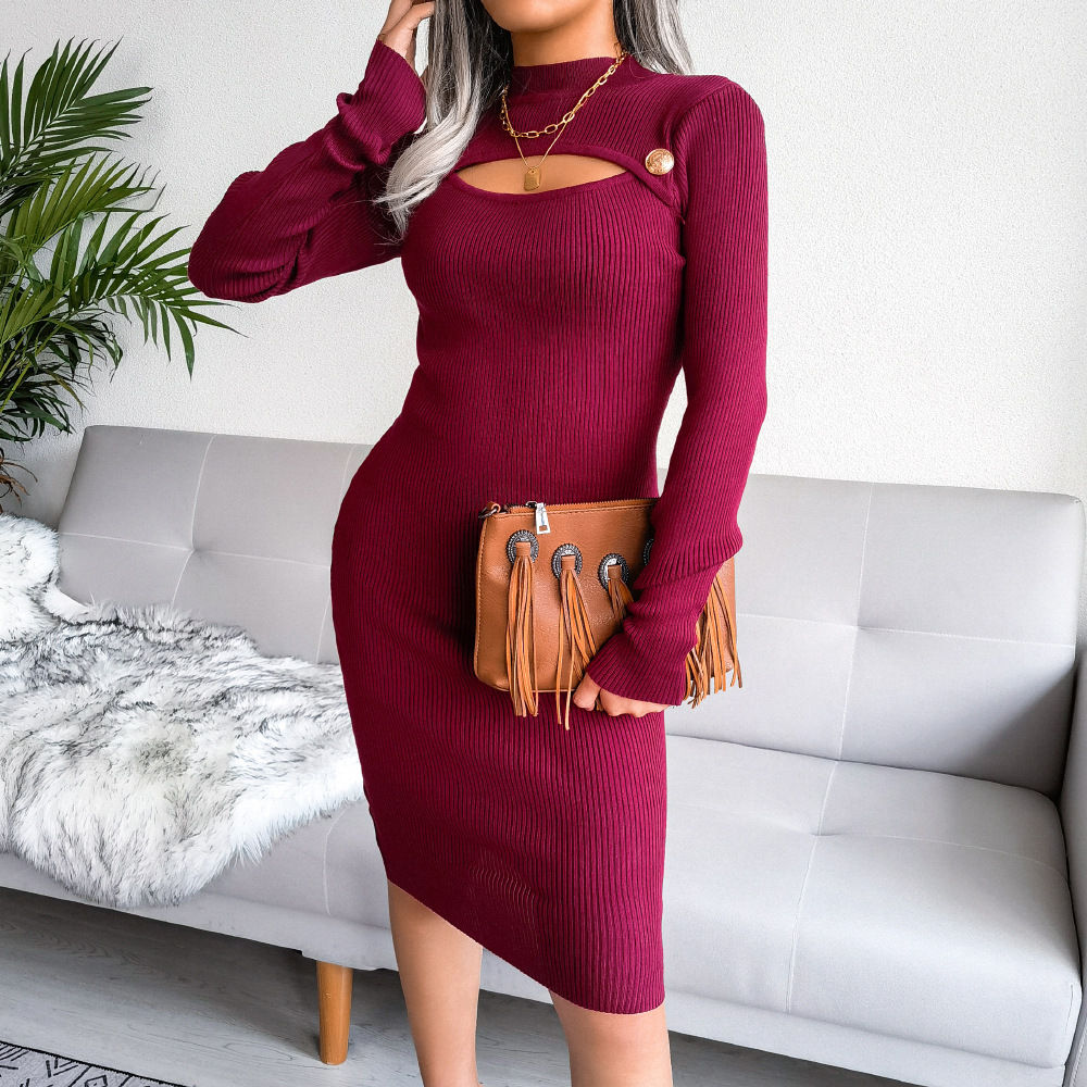 Long-sleeved midi dress with cutout detail, mock neck, and slim fit
