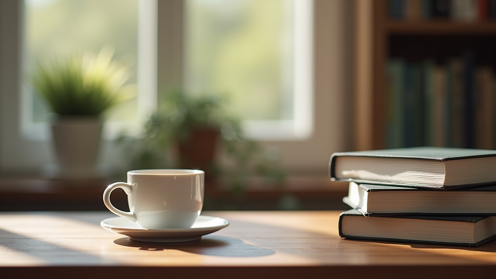 Close-up view of a stack of books with a coffee cup on a wooden desk