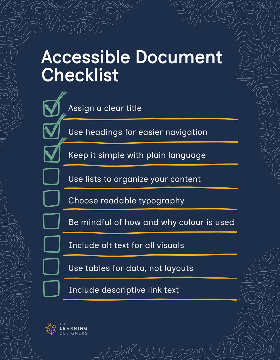 Accessible Document Checklist with nine requirements. First three checkboxes are checked. Full text to follow.