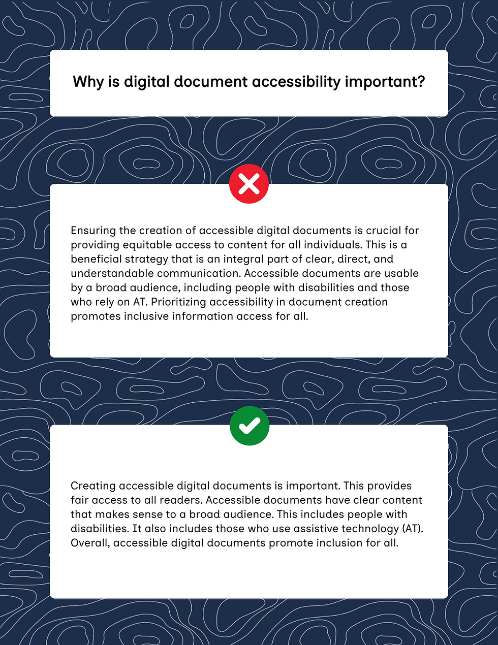 Why is digital document accessibility important? Incorrect: response written in complex language. Correct: response written in plain language. Full text to follow.
