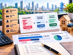 Illustration showing how lenders assess existing EMIs, monthly income and repayment capacity before a new loan.