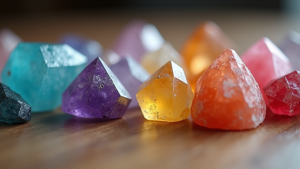 Close-up view of a variety of colorful crystals arranged on a wooden surface
