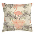 Square throw pillow with pink flamingo and hibiscus pattern