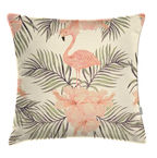 Square throw pillow with pink flamingo and hibiscus pattern