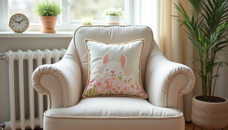Eye-level view of a soft pastel Easter-themed cushion on a cozy armchair