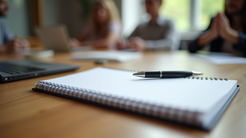Close-up view of a notebook and pen on a wooden table during a leadership workshop