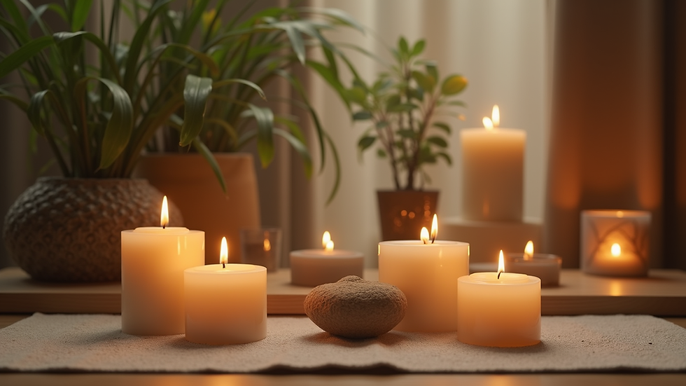 Close-up view of a serene meditation space with candles and plants