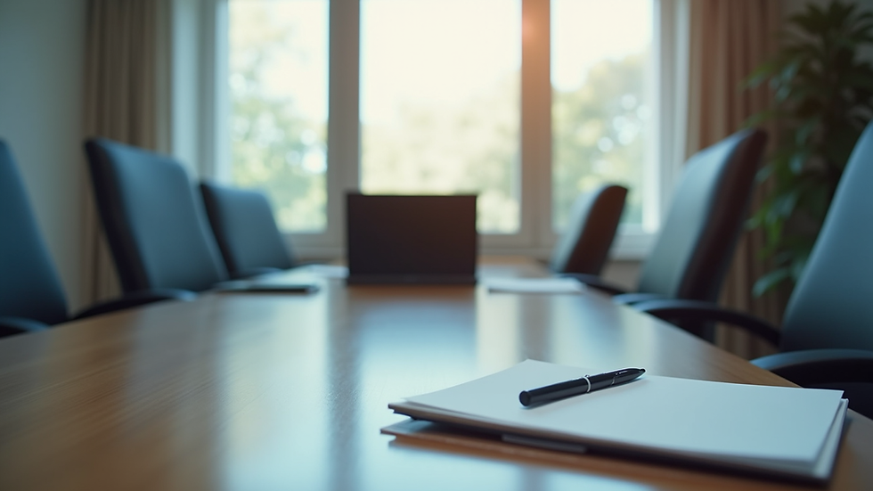 Eye-level view of a business meeting room with a laptop and notes on the table