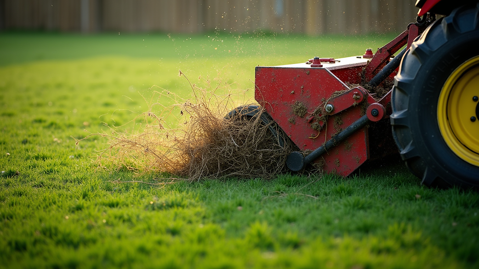 High angle view of scarification machine removing thatch from a lawn