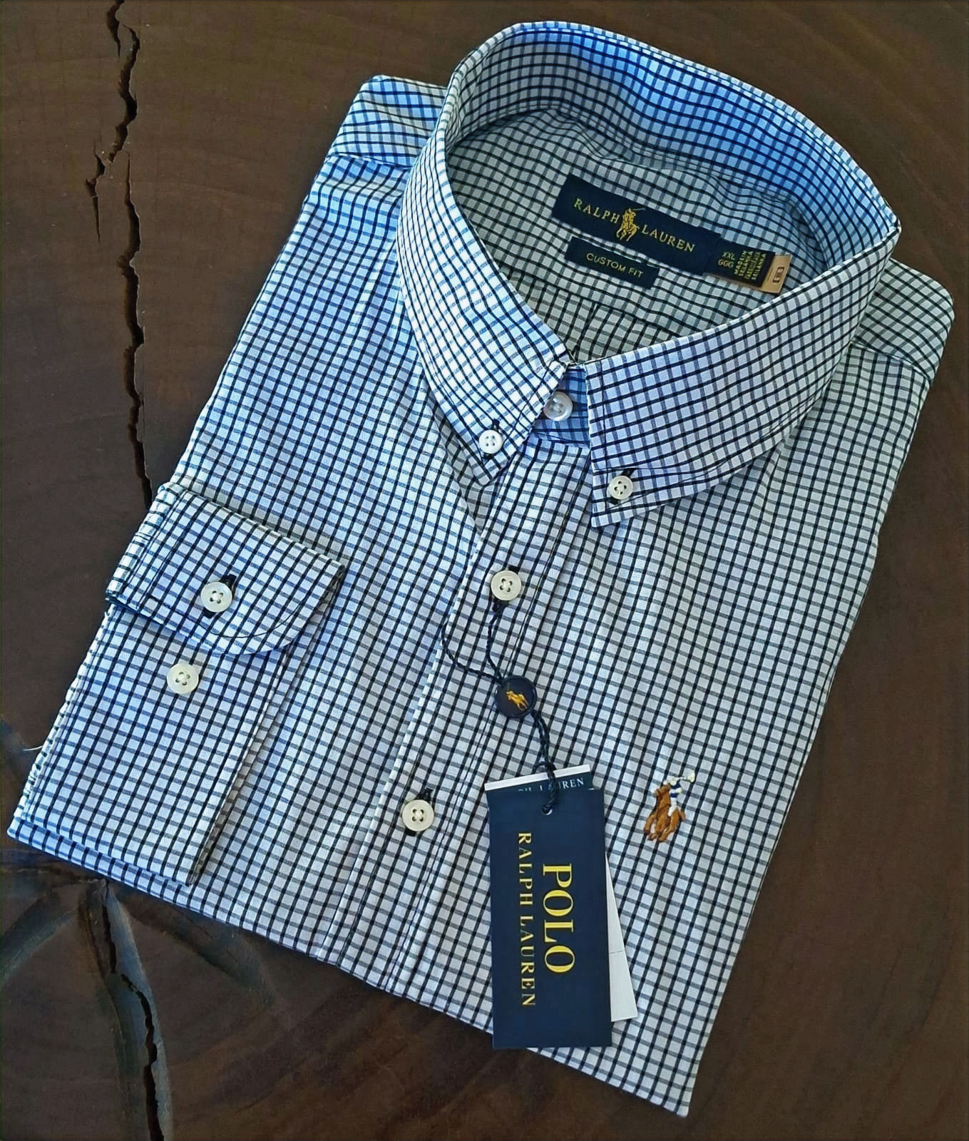 Camisa Ralph Lauren manga longa micro xadrez branco/azul marinho