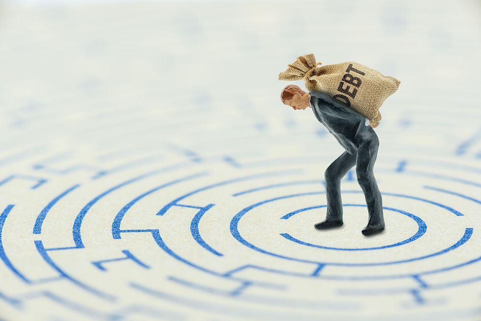 Crisis of high burden of consumer debt, financial concept _ Client bears a bag of debt and