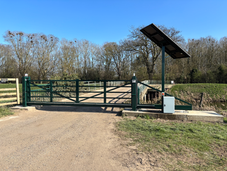 Solar Paneled Cantilever Security Gate with Pedestrian Gate, March, steel cantilever sliding automated farm gate, residential and commercial metal electric gates, UK Farm Gates