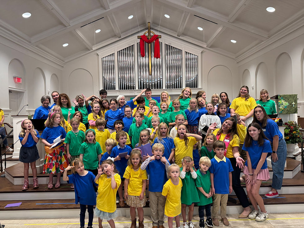 Wide landscape photo of a large group of children and adults in colorful shirts standing on church chancel steps, smiling and making silly faces, bright joyful mood, wide landscape.