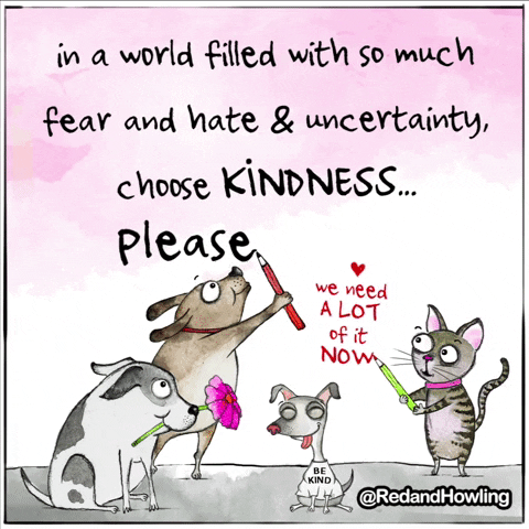 Cartooned dogs and a cat drawing kind words