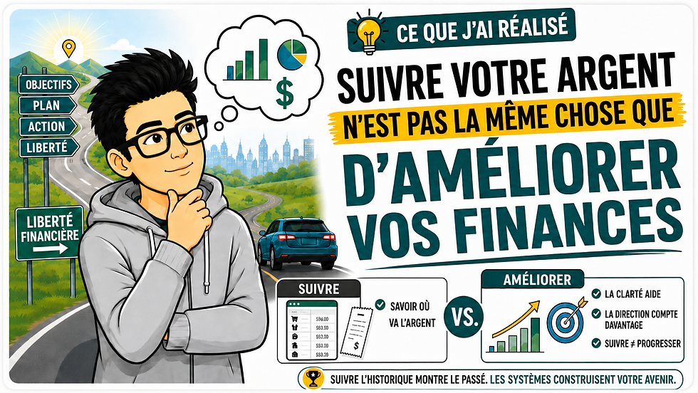 Illustration montrant que suivre son argent n’est pas la même chose qu’améliorer ses finances, avec Carlos qui réfléchit aux objectifs financiers, aux systèmes et à la direction.