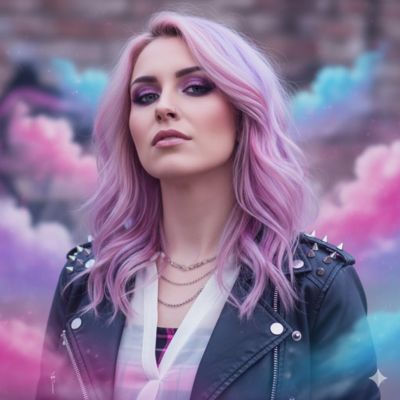 Retrato estilizado de uma mulher com cabelo rosa e roxo, vestindo jaqueta de couro com spikes. O visual é punk-rock com toques femininos, em um fundo de nuvens coloridas que misturam rosa, roxo e azul. Imagem de representatividade e autenticidade.