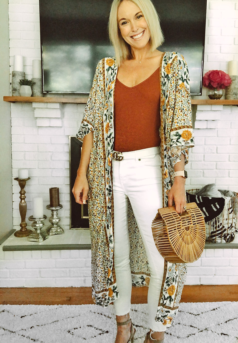 Nordstrom BP bodysuit, summer outfit, womens weekend style, floral kimono duster, LOFT white jeans, wooden ark bag, Amazon fashion finds, fashion blogger, summer trends