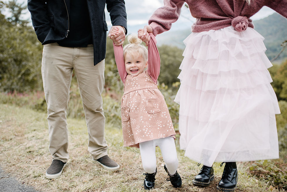 Parents holds daughters hands.