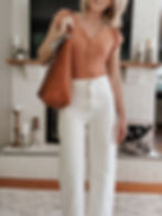 Summer outfit, cropped wide leg white pants, peach bodysuit